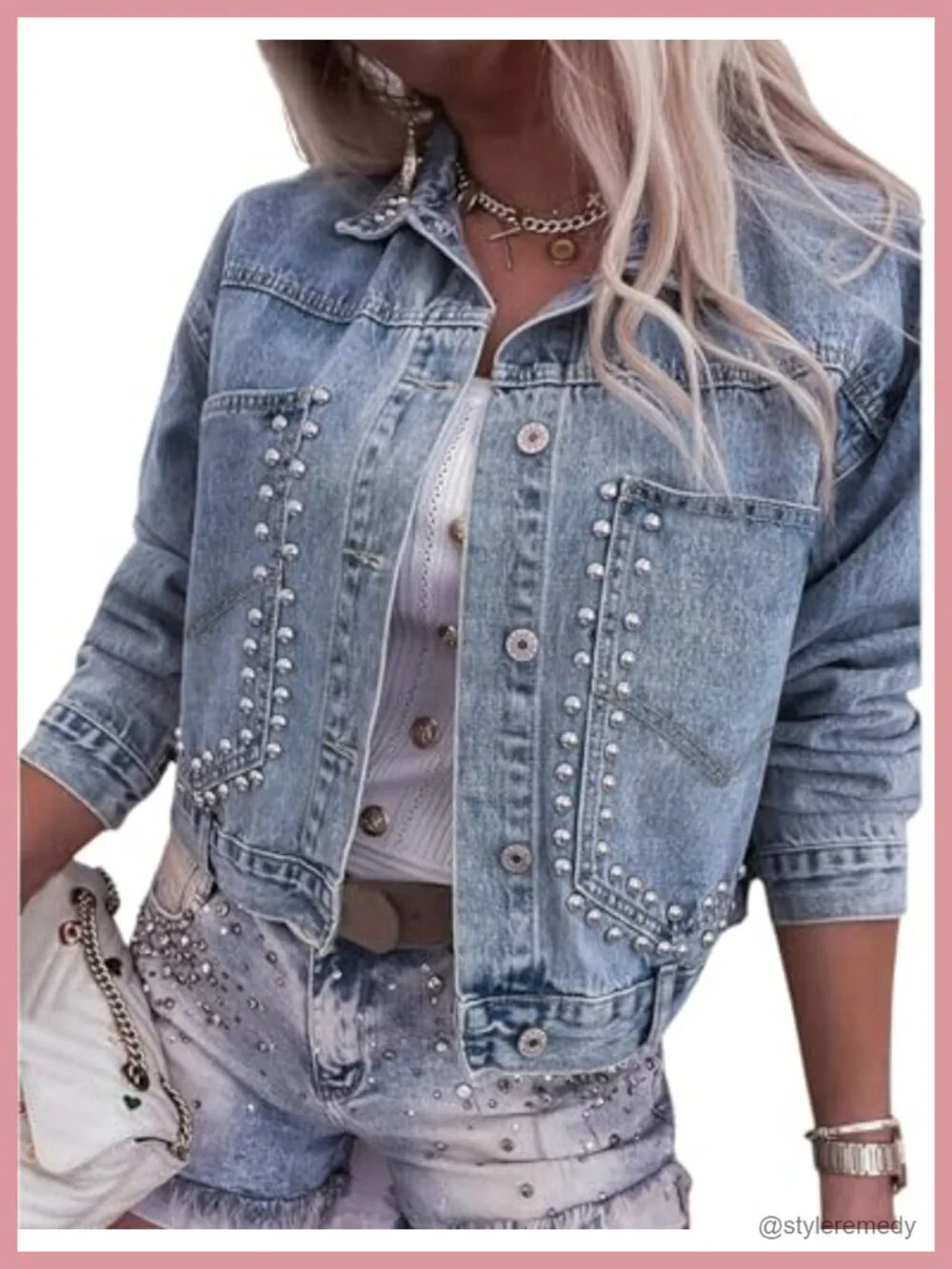 Rivet Studded Denim Jacket Women's Cropped Casual Jean Coat with 85% Cotton